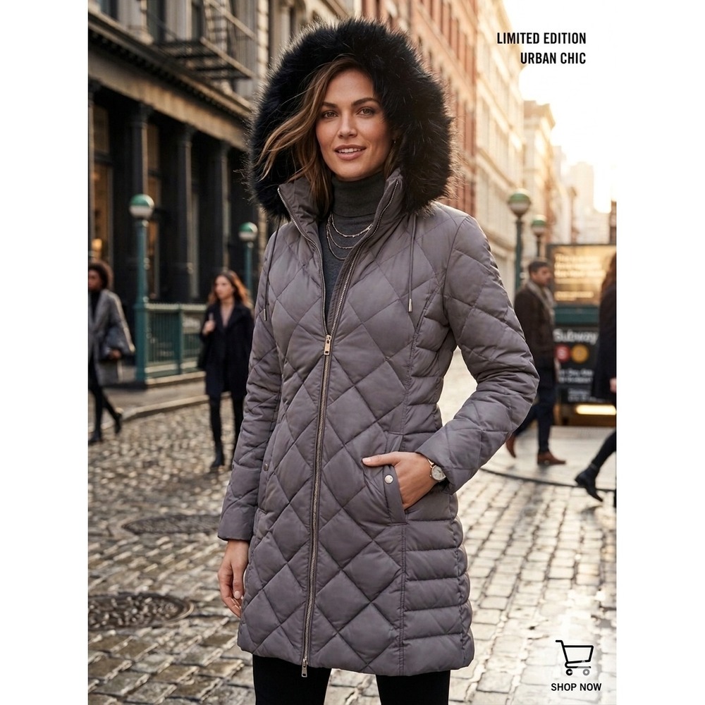 Kenneth Cole Reaction Charcoal Grey Quilted Down Puffer Coat Faux Fur Hood M